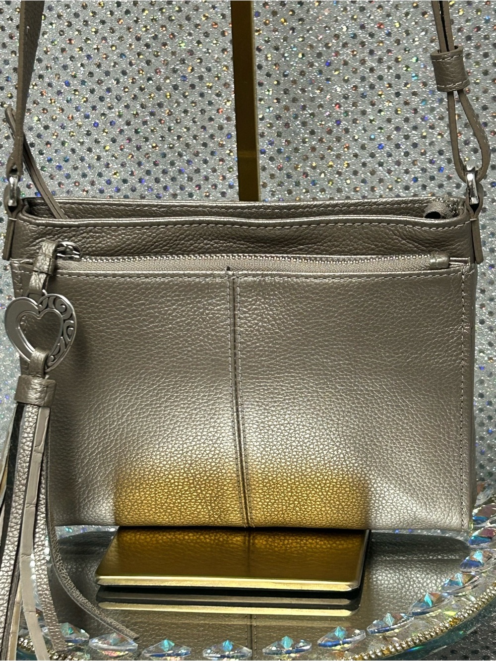 Brighton Metallic Pewter Crossbody Bag w/Heart Tassel Approx. 8 x 6 x 1.5